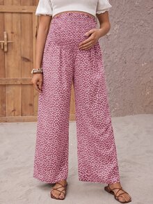 SHEIN 孕婦小碎花荷葉邊腰寬腿寬鬆長褲 - 藕粉色 - 查看 1