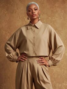 SHEIN Lunessa Cropped Shirt + Pleated Waist Trousers - Khaki - View 1