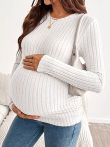 SHEIN 孕婦秋季休閒純色修身長袖T恤 - 白色 - 查看 4