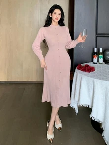 DAZY Autumn/Winter Round Neck Fitted Long Sleeve Elegant Elegant Commute Date Pink Women Sweater Dress - Pink - View 8