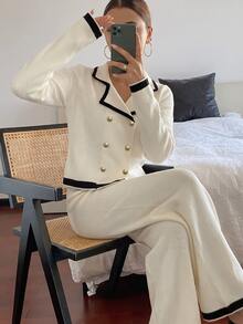 Modelyn Women's Cardigan & Wide Leg Pants 2 Pieces Set, Elegant Autumn/Winter Sweater White Casual - White - View 2