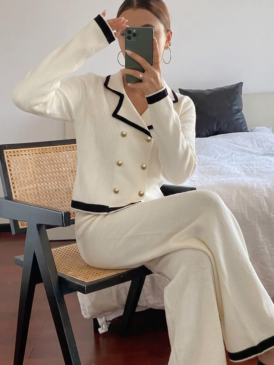 Modelyn Women's Cardigan & Wide Leg Pants 2 Pieces Set, Elegant Autumn/Winter Sweater White Casual