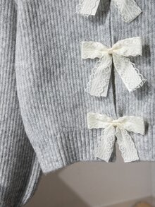 SHEIN 女童淺灰色圓領針織開襟衫，3D蕾絲蝴蝶結設計，短燈籠袖毛衣外套，寬鬆版型，秋冬外套上衣 - 灰色 - 查看 5