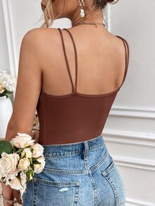 SHEIN Frenchy 女款純色雙肩帶胸墊背心 夏季上衣 度假穿搭 - 巧克力棕 - 查看 2