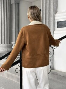 Pariaura Women's Fall Winter Brown Lapel Suede Fleece Panel Single-Breasted Jacket,Loose Long-Sleeve Top,Chic Occasion Wear For Daily Outing Commute Coat - Brown - View 2