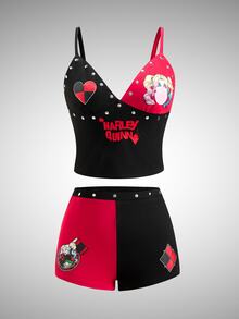 Harley Quinn X SHEIN Women's Cartoon Print Camisole Top And Rivet Contrast Color Shorts 2 Pieces Set - Black - View 3