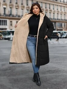 Reflora Plus Size Long Thick Thermal Lined Hooded Padded Coat For Autumn/Winter - Black - View 9