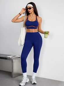 Dewbera Dewbera Women's Trim Cropped Tank Top And Leggings Sports Set - Navy Blue - View 6