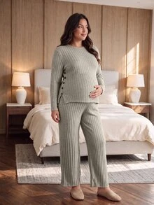 SHEIN Apricot Long Maternity Plus Size 2 Pieces Set, Round Neck Long Sleeve Top With Split Hem And Buttons, Casual Comfortable Wide Leg Pants, Autumn/Winter - Apricot - View 1