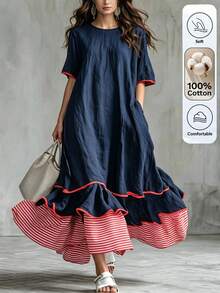 SHEIN Tall 女款新款長版拼接條紋荷葉邊下擺休閒洋裝 - 藍色 - 查看 5