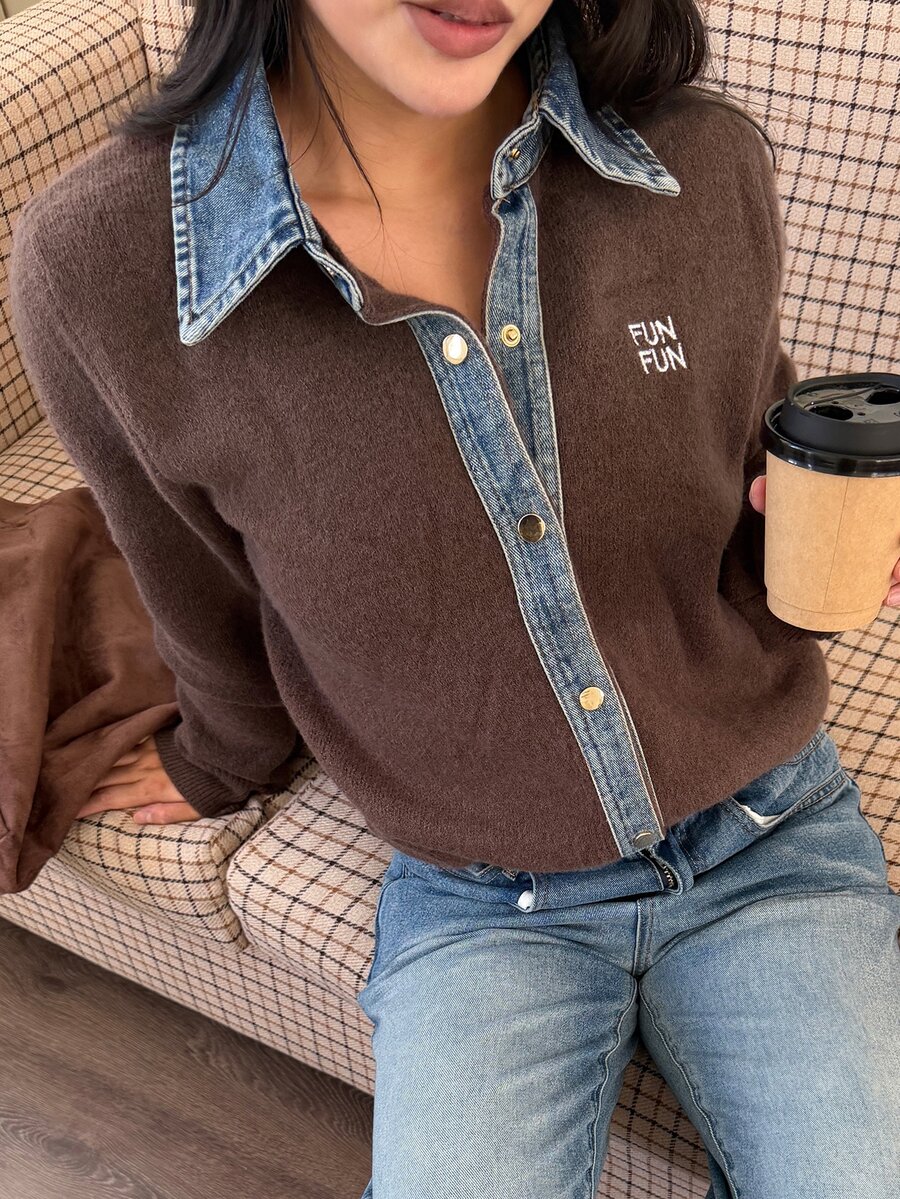 DAZY Women's Autumn/Winter Collared Long Sleeve Denim Patchwork Contrast Color Letter Embroidery Cropped Casual Street Daily Commute Knit Cardigan - Brown - View 1