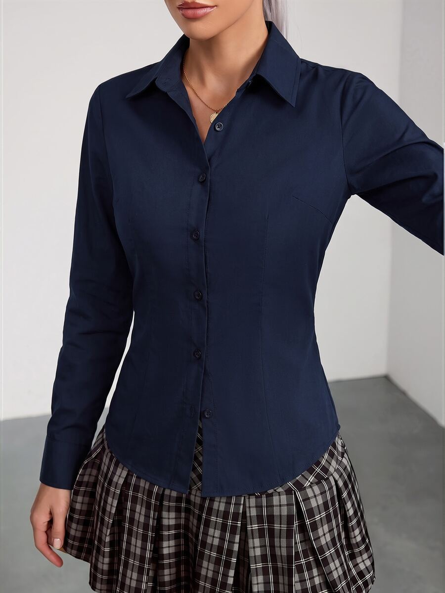 SHEIN Tall Solid Color Long-Sleeved Shirt Top Tall Elegant Casual Commuter Office Business Navy Blue Fall - Navy Blue - View 1