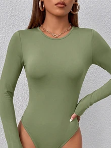 SHEIN PETITE Solid Slim Fit Spring Women Bodysuit - Army Green - View 4