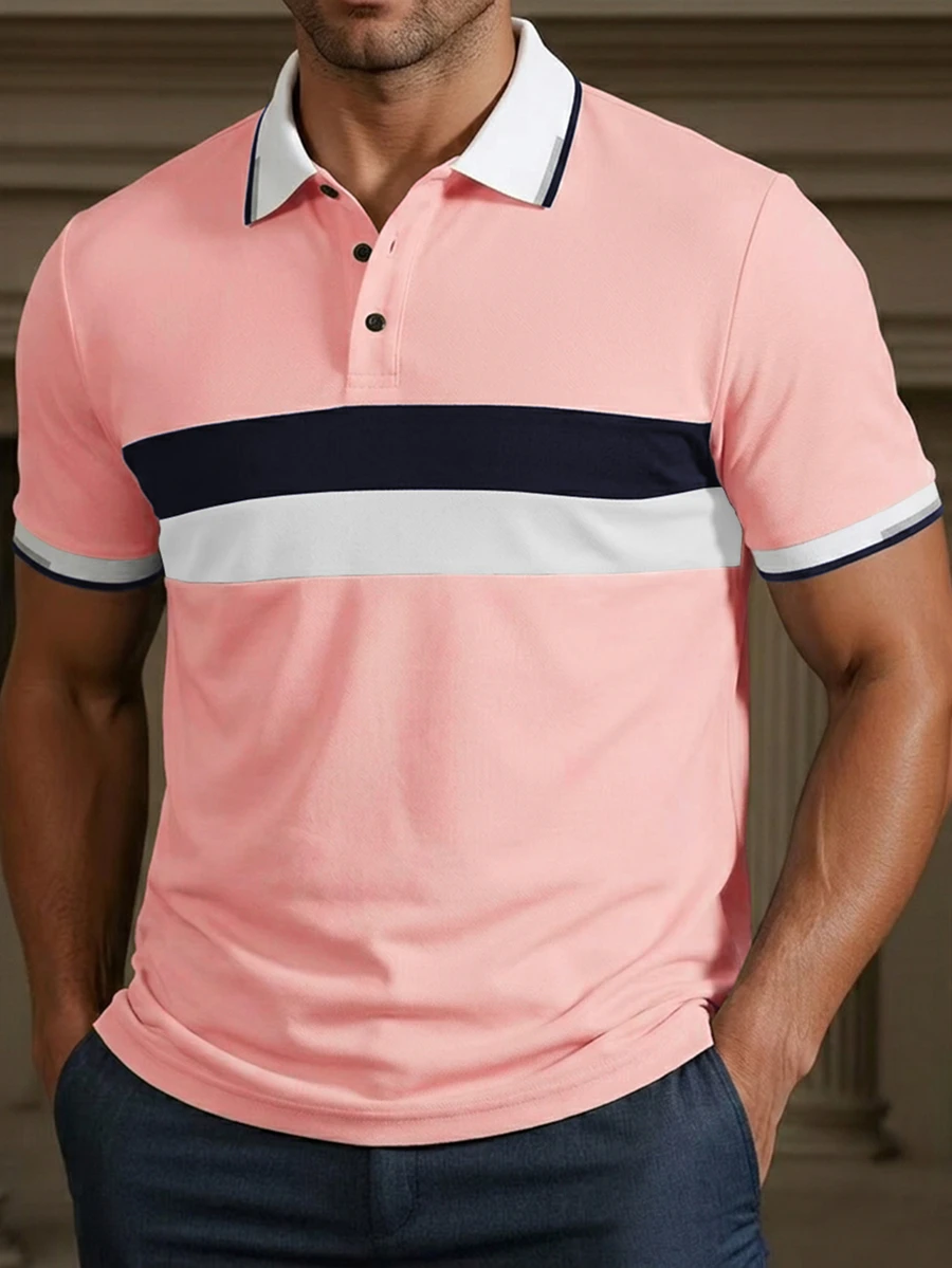 Manfinity Homme 橫條紋藍白灰拼色羅紋拉鍊休閒 Polo 短袖襯衫 - 彩色 - 查看 1