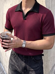 JOLTRO 男士極簡百搭羅紋撞色短袖 Polo 衫 - 酒紅色 - 查看 1