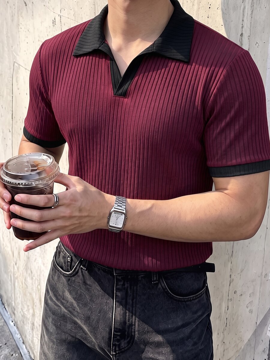 JOLTRO 男士極簡百搭羅紋撞色短袖 Polo 衫 - 酒紅色 - 查看 1