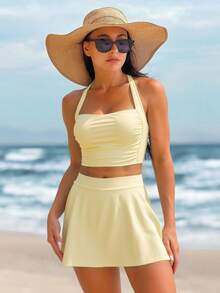 Swim Lushoire Women's Solid Color Ruched Halter Neck Two-Piece Swimsuit With Skirt And Shorts, Butter Yellow 3 Pieces Summer Vacation Beach Swimwear - Yellow - View 8