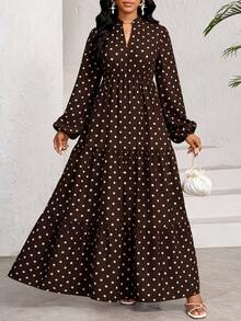 SHEIN Lady فستان عطلة بطبعة نقاط فرنسية وأكمام طويلة مقاس كبير - بني - مشاهدة 6