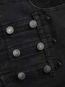 ROMWE Grunge Punk Punk Cavalry Button Design Mini Bodycon Plus Size Denim Skirt (With Built-In Lining Leggings) - Black - View 4