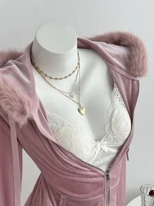 Elamini Vintage Y2K Velvet Fur Collar Hooded Rhinestone Embellished Waist-Cinching Slim Fit Long Sleeve Sweatshirt Jacket - Pink - View 6