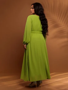 BrightlyHer Plus Size Solid Mint Green V-Neck Long Sleeve Pleated Drawstring Casual Elegant Party Brunch Formal Dress Autumn 2026 - Green - View 2