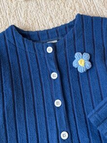 SHEIN 2件組 藍色女嬰休閒羅紋鈕扣長袖外套褲子套裝 秋季 - 藍色 - 查看 7