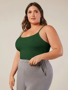 SHEIN BASICS 大尺碼純色細肩帶背心上衣 夏季女款穿搭上衣 - 墨綠色 - 查看 6