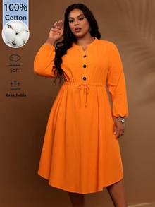 BrightlyHer Plus Size Autumn Casual Solid Color Drawstring Waist Dress - Burnt Orange - View 6
