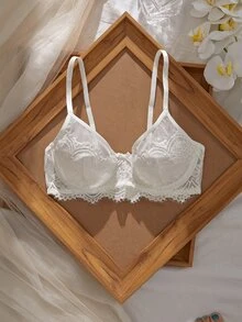 Crystal Vow Lace Patchwork Solid Color Underwire Push-Up Semi-Sheer Unlined Women's Bra - White - View 1