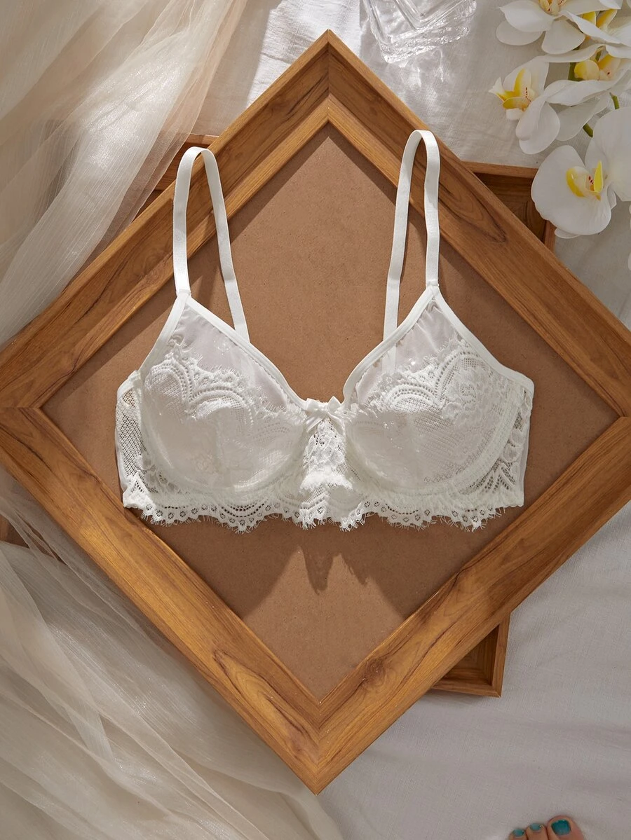 Crystal Vow Lace Patchwork Solid Color Underwire Push-Up Semi-Sheer Unlined Women's Bra - White - View 1
