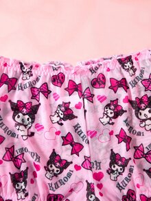 HELLO KITTY AND FRIENDS | SHEIN Women's Cartoon Print Off-Shoulder Top And Frill Trim Shorts Lingerie Set - Pink - View 7