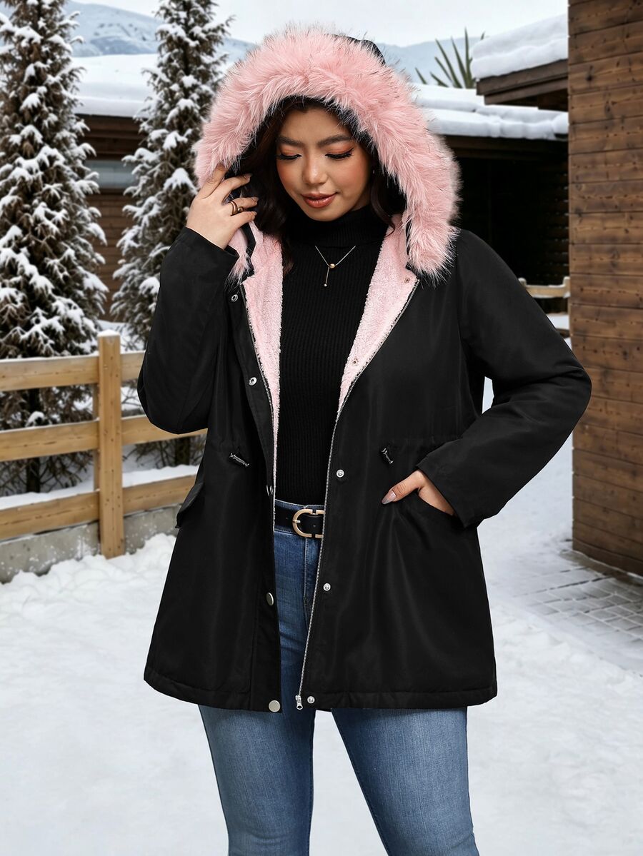 SHEIN Clasi Áo khoác mũ trùm cổ lông dày lót giữ nhiệt cho mùa Thu/Đông size lớn - màu đen - Xem 1