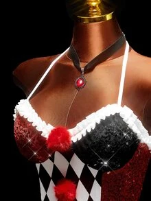 Amplova Women's Sexy Bodysuit With Side Lace Patchwork, Halloween Clown Cosplay Costume, Avant-Garde - Red and White - View 7