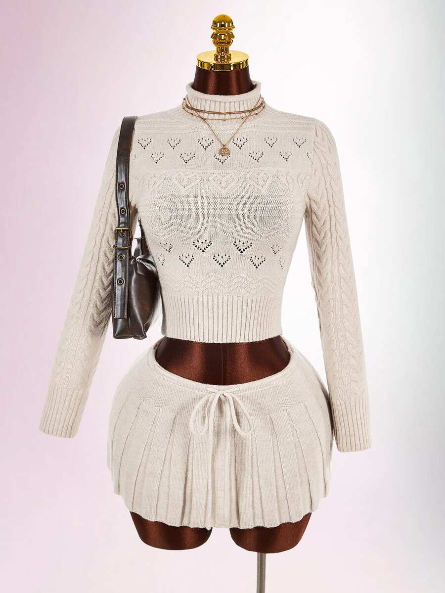 Amplova Women's Solid Color Long Sleeve Top And Mini Skirt Casual Daily Knit 2 Pieces Set - Coffee Brown - View 1