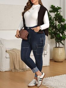EMERY ROSE Plus Size Casual Washed Slim Fit Cargo Jeans,High-Waisted Cargo Jeans,Rolled Cuff Hem,Cropped Ankle Length,Everyday Casual,Halloween,Christmas - Blue - View 4