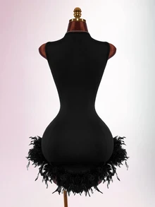 Amplova Deep V-Neck Fitted Sleeveless Sequin Feather Bodycon Mini Dress For Women, Suitable For Party, Banquet, Date Outfits - Black - View 8