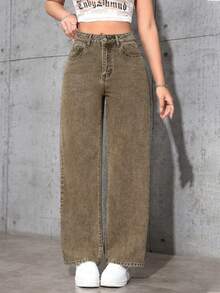 SHEIN ICON Casual Washed Straight Leg Denim Jeans - Brown - View 1