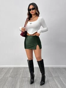 SHEIN PETITE PU高彈性皮革低腰迷你裙 - 軍綠色 - 查看 6