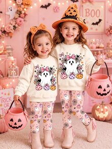 SHEIN 超可愛粉黑配色萬聖節南瓜小鬼波點圖案 Hey Bootiful Trick Or Treat 女嬰休閒柔軟圓領寬鬆衛衣＋內搭褲套裝，秋冬日常、萬聖節、甜美女孩風、南瓜季、BOO! - 彩色 - 查看 2