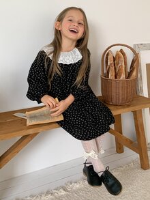 Dazy Kids 女童甜美法式蕾絲拼接長袖洋裝 - 黑色 - 查看 7