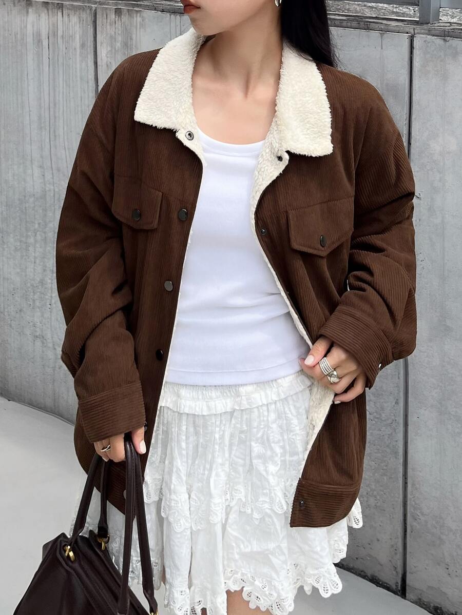 FRIFUL Women's Street Fashion Button Long Sleeve Pocket Jacket Winter - Coffee Brown - View 1