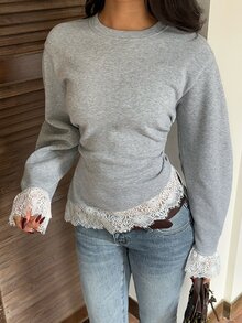 CovetEZ Women's Round Neck Drop Shoulder Long Sleeve Contrast Lace Hem Sweatshirt - Grey - View 3