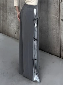 FRIFUL Women's Colorblock Patchwork Drawstring Wide Leg Pants - Grey - View 2