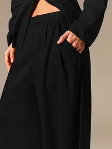 COSMINA 女款新款亞麻純色口袋彎腿西裝長褲 - 黑色 - 查看 6