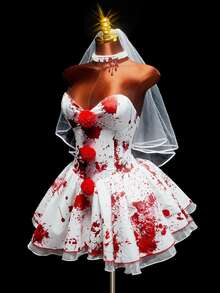 Amplova Gaun Pesta Cosplay Pengantin Badut Halloween dengan Dekorasi Pom Pom - Putih - View 4