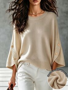 SHEIN 女款優雅休閒春秋冬季素色杏色圓領寬鬆落肩七分袖慵懶針織套頭毛衣 早午餐穿搭 - 杏色 - 查看 2