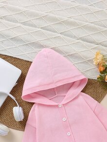 1件粉色純棉女童時尚休閒清新短款素色秋冬連帽針織開襟開襟毛衣，適合日常穿著、外出、聚會、旅行、度假、上學，百搭穿搭 - 粉色 - 查看 5