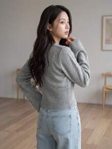 Livesso Cardigan Rajut Lengan Panjang Kancing Patchwork Bergaris untuk Wanita, Cocok untuk Musim Gugur. - Grey - View 2