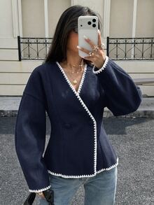 Siren Gaze 秋冬純色雙排扣前開外套，對比貝殼刺繡夾克，適合日常街頭穿搭，不對稱領口，秋冬休閒修身夾克，冬季女裝，法式風格女式外套 - 藏蓝色 - 查看 3