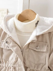 SHEIN Elladie kids 返校季女童幼童冬季新款 2026 復古卡其色燈芯絨布料保暖內裡拉鍊連帽上衣，收腰設計，適合冬季外出與通勤，百搭抓絨時尚夾克 - 卡其色 - 查看 4